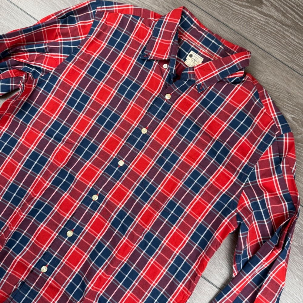 J.Crew Mens Sunwashed Oxford Plaid Button Down Shirt Red Navy Large